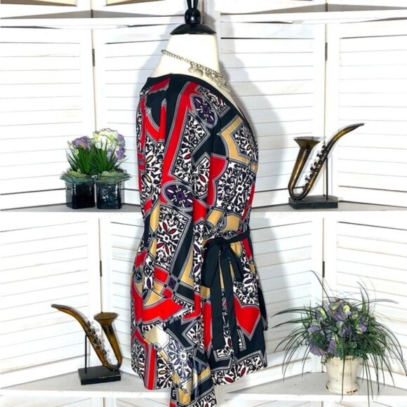 Nicole Miller boho oversized kimono style red black tan floral tunic blouse XL - Picture 6 of 13